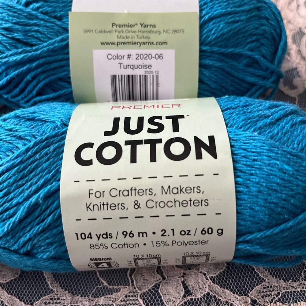 Premier Yarns Just Cotton (85% Cotton • 15% Polyester) BLEND Turquoise 4 Skeins